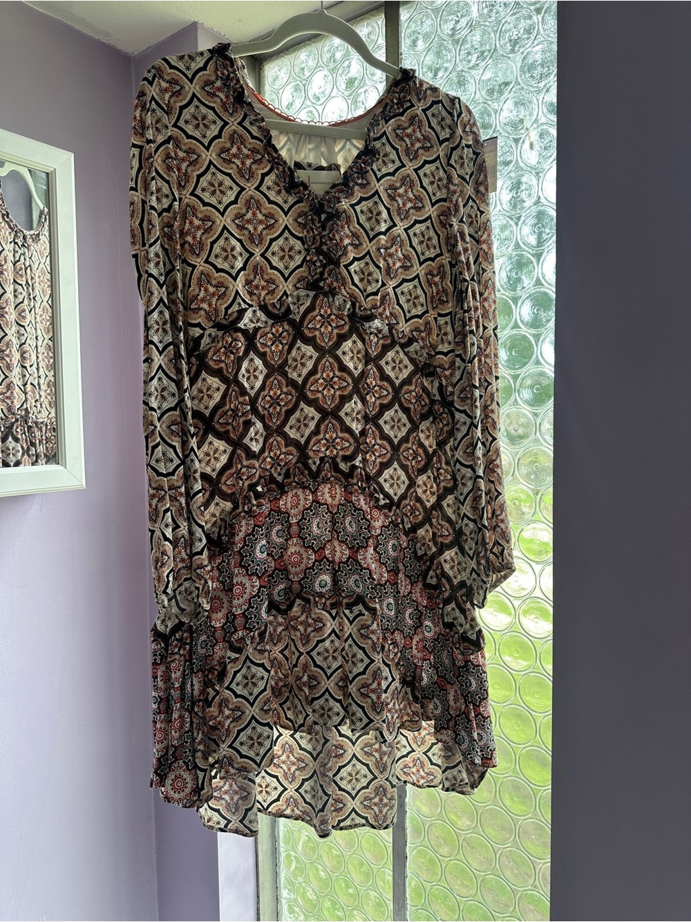 Anthropologie Bohemian Tile-Print Dress in Brown, Cream, Black